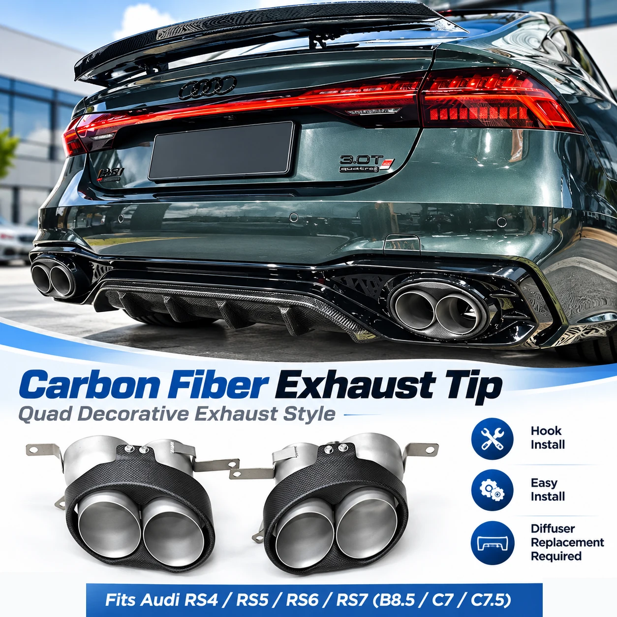 2 Stück/Set, Auspuffendrohr aus Carbonfaser für Audi S3 S4 S5 S6 S7 RS3 RS4 RS5 RS6 RS7 B8.5 C7 C7.5, Endrohr, Auspuffblende.