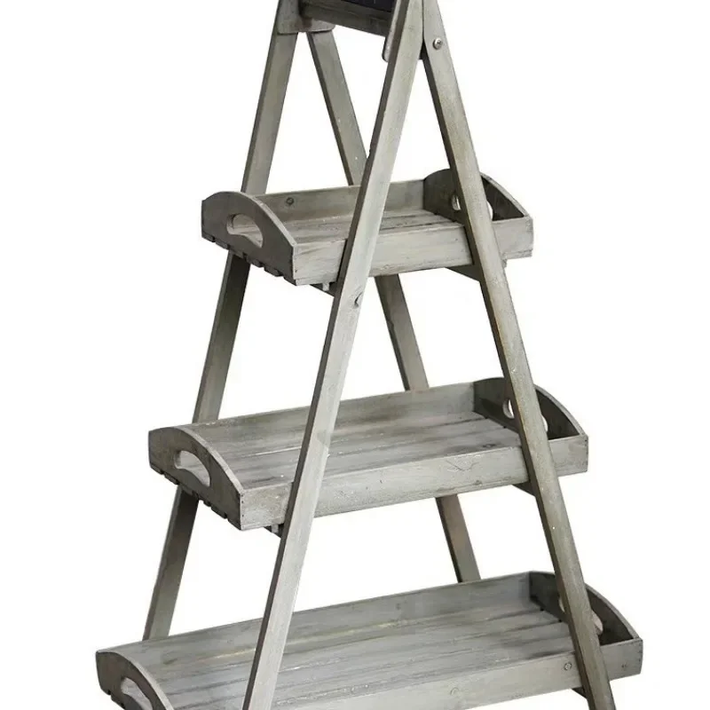 Solid wood flower stand, multi-layer storage rack, balcony living room indoor floor-to-ceiling flower shop decoration retro