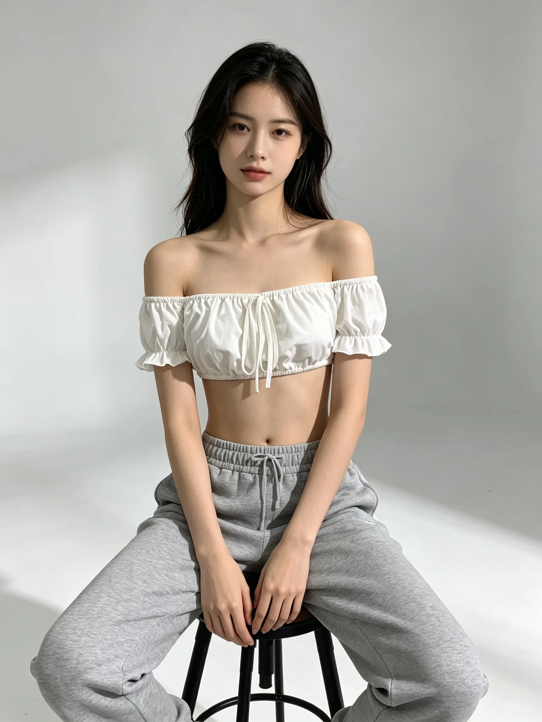 French Sweet One-Shoulder Top with Bubble Sleeves Strapless Drawstring Slimming Spicy Girl Short Top Exposed Navel