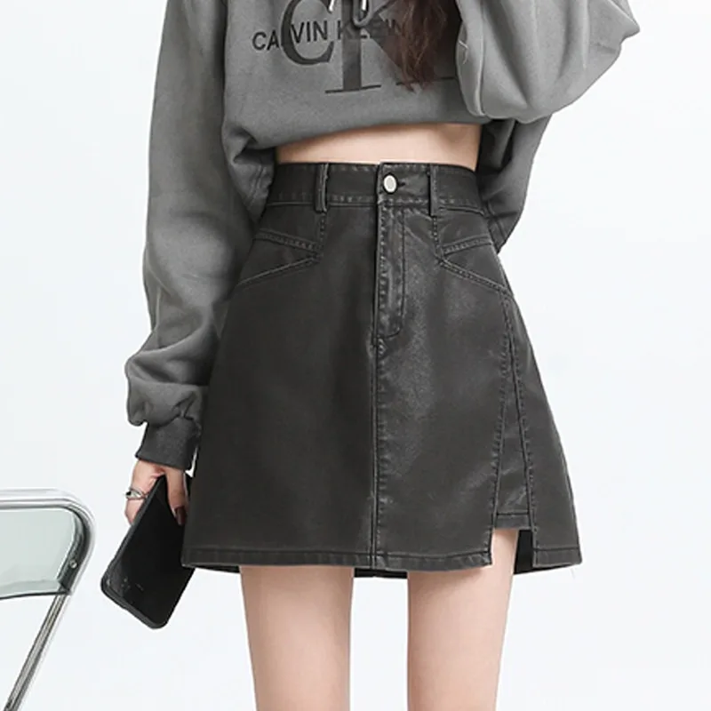 Women High Waist PU Leather Mini Skirt Irregular Split A Line Skirt For Autumn Winter