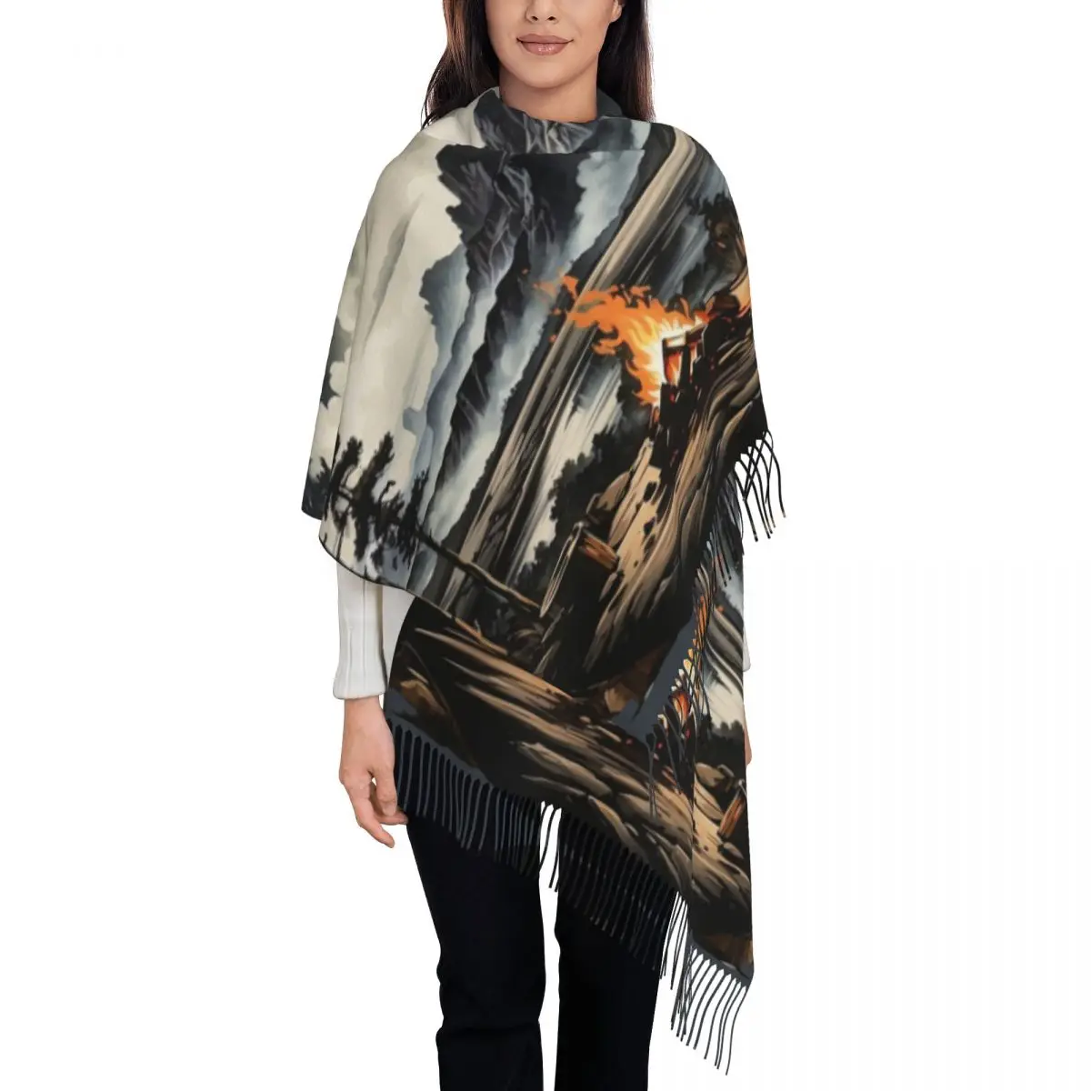 Custom Mountain Campers Adventure Camping Scarf Wrap for Women Long Winter Warm Tassel Shawl Unisex Scarves