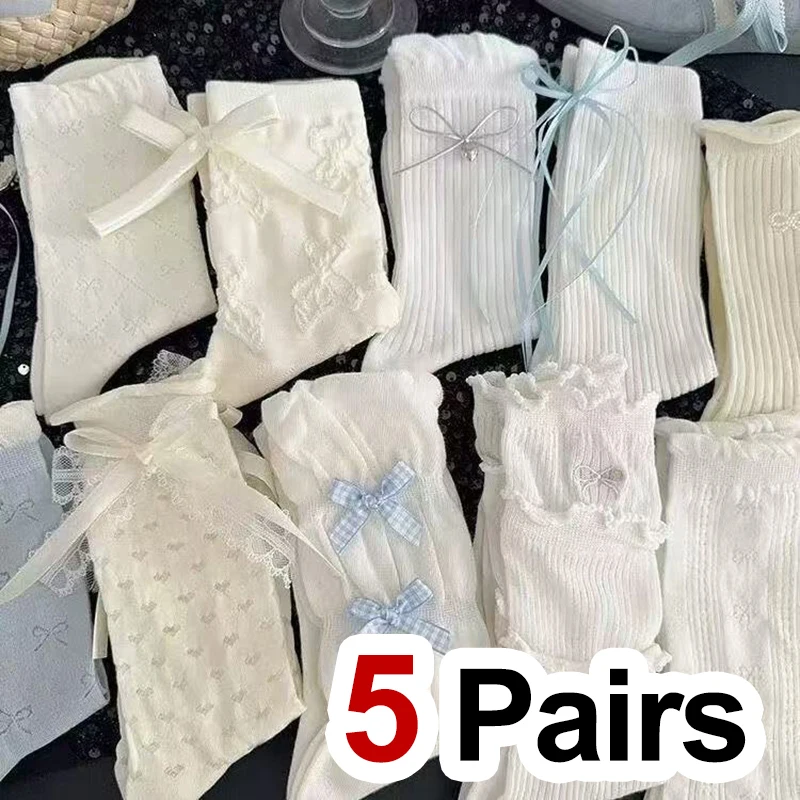 5 Paar Damen-Socken mit Schleifen-Accessoires, modische, niedliche Mid-Tube-Socken im Lolita-Stil, weich, bequem, atmungsaktiv, für alle Jahreszeiten, Freizeitsocken