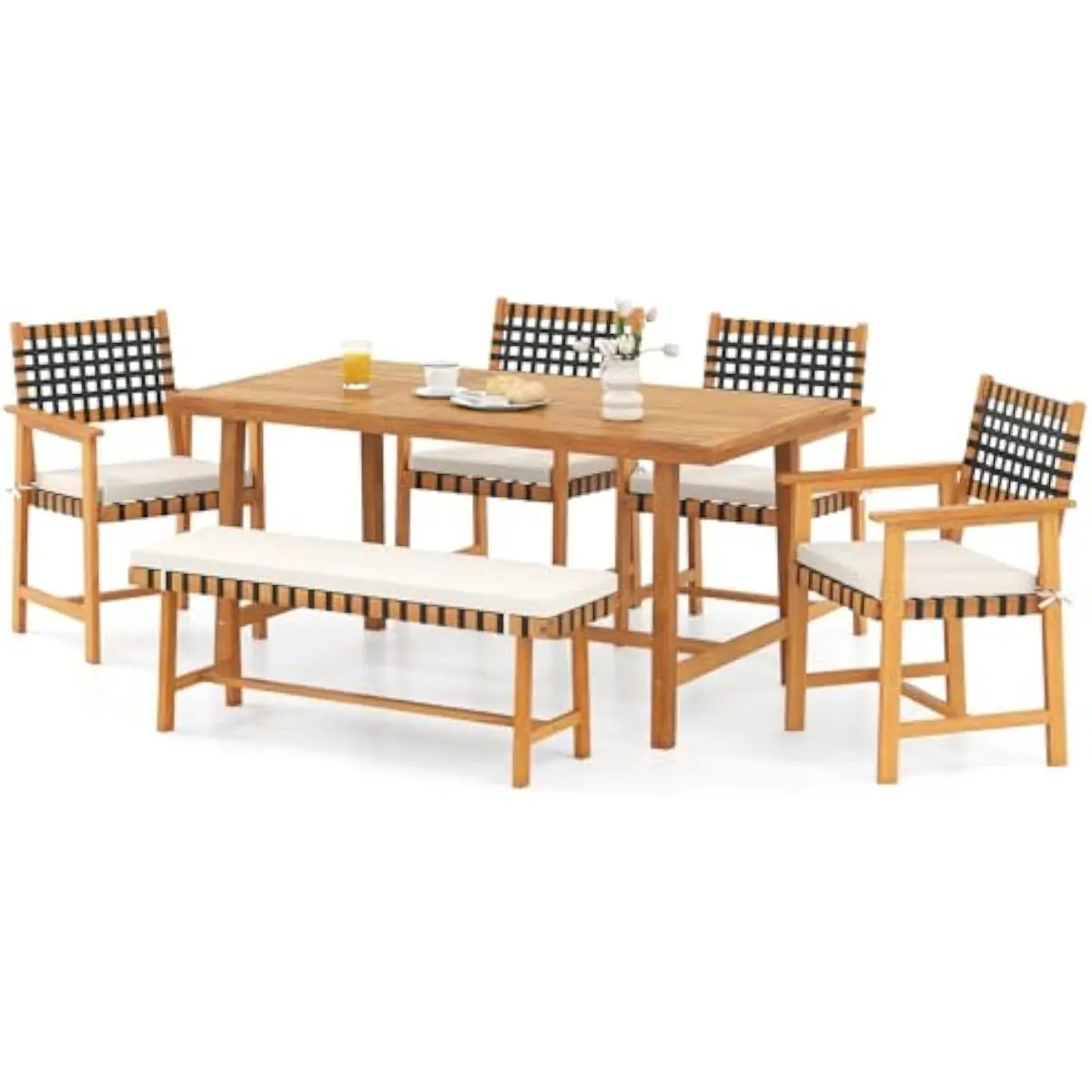 6-Piece Rustic Outdoor Dining Ensemble Featuring 63-Inch Acacia Table with Center Umbrella Opening, Solid Bench and Four Ergonom