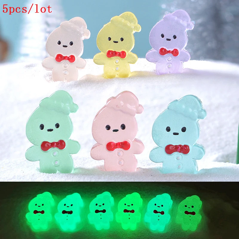 5Pcs Luminous Gingerbread Man Wearing Hat Micro Landscape Ornament Glowing Miniature Statue Christmas Mini Garden Accessories