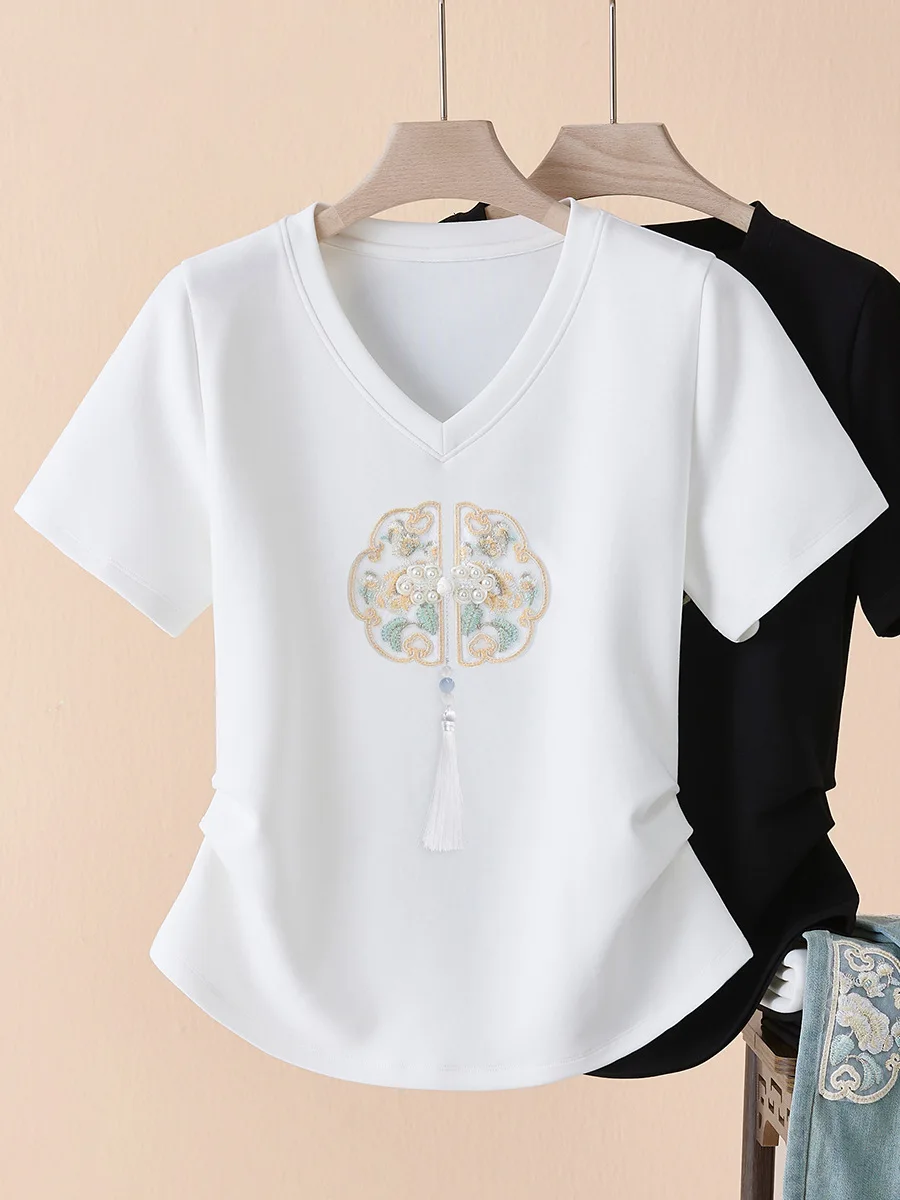 Retro Embroidered Chinese Style Women's Short Sleeved T-shirt, New Summer Pleated Waistband Cotton Top Women Clothing