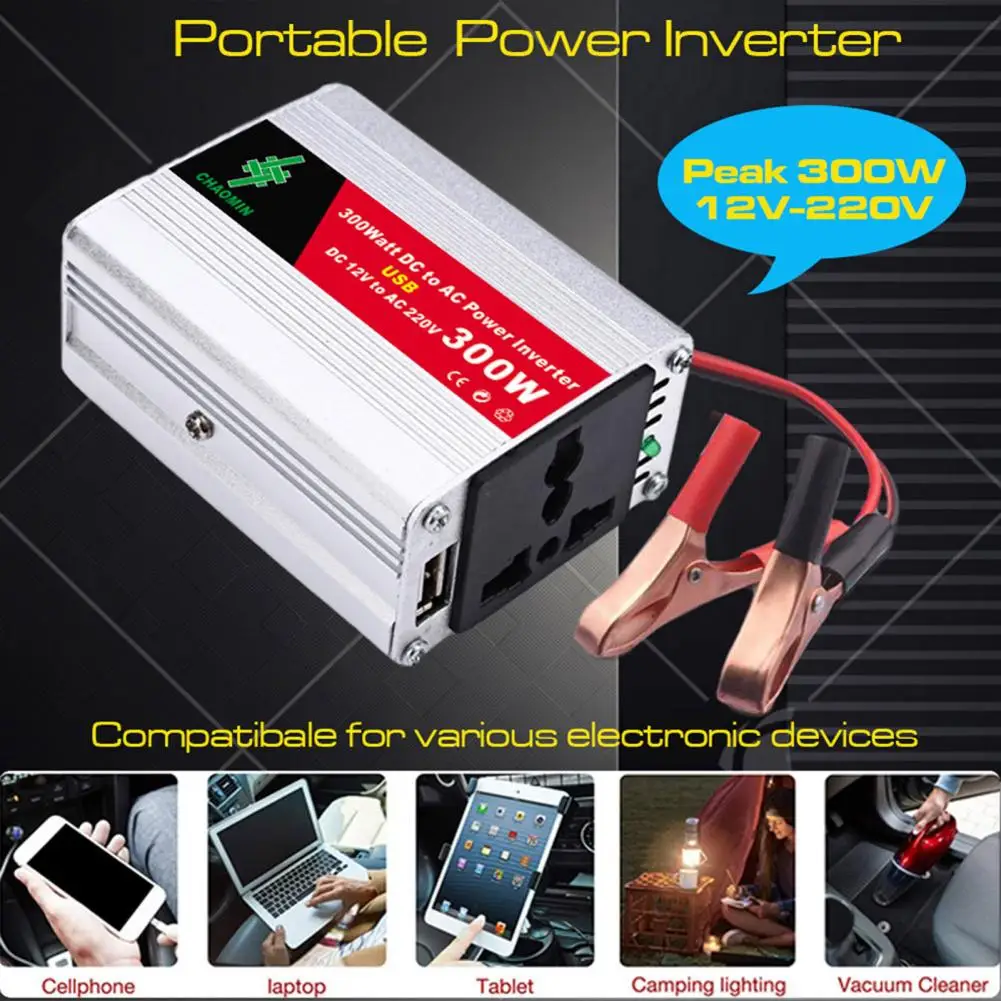 

300W Car Power Inverter DC 12V To DC 220V Cigarette Lighter Peak Power Inverter Adapter with USB Charger Fast Charging