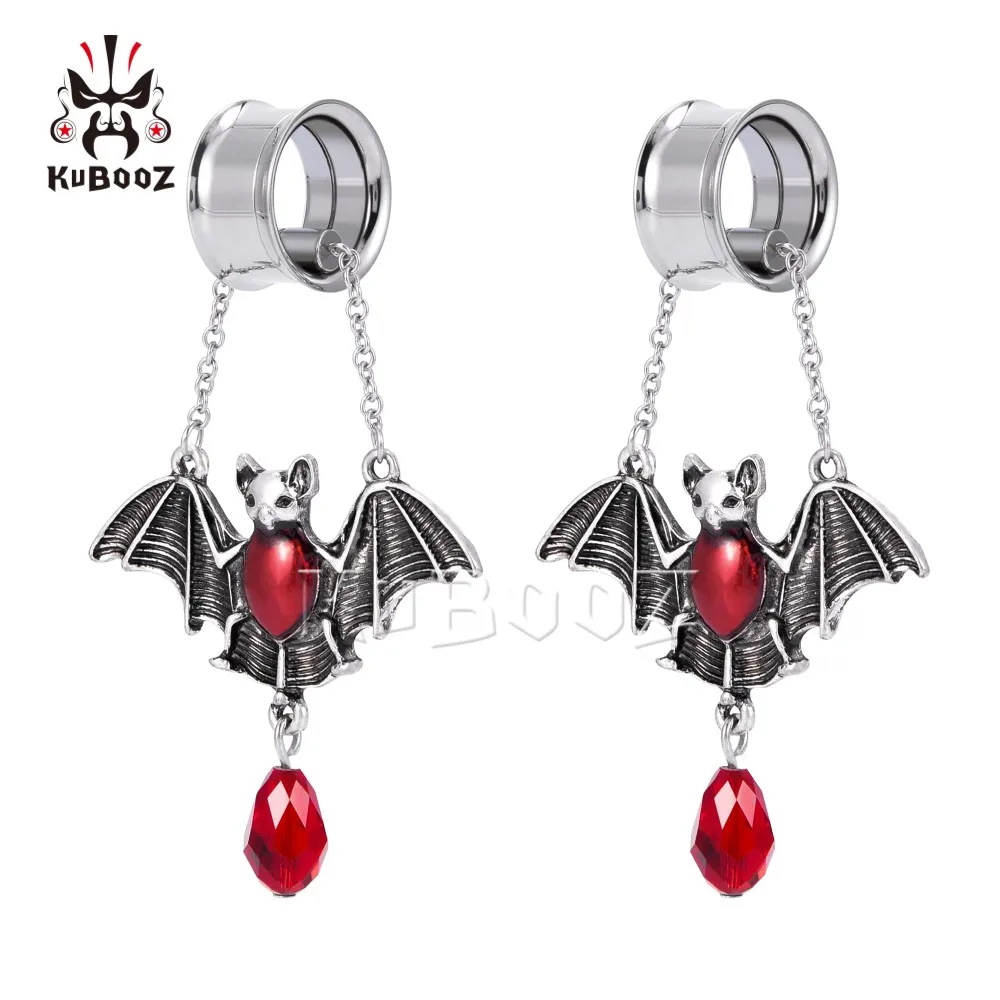 

KUBOOZ New Stainless Steel Bat Magnet Chain Earring Plugs Ear Piercing Tunnels Gauges Body Jewelry Expanders Stretchers 2PCS