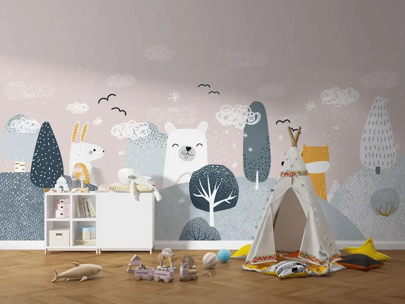 Nordic Colors Self Adhesive Nursery Wallpaper, Cute Fox Rabbit Bear, Mountains Peel And Stick Wall Mural. Child Room Mural, Kids