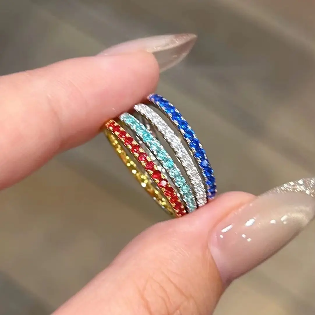 Dainty Thin Stackable Eternity Ring Multicolor Full Pave Crystal Rhinestone Slim Stacking Finger Ring Wedding Fashion Jewelry