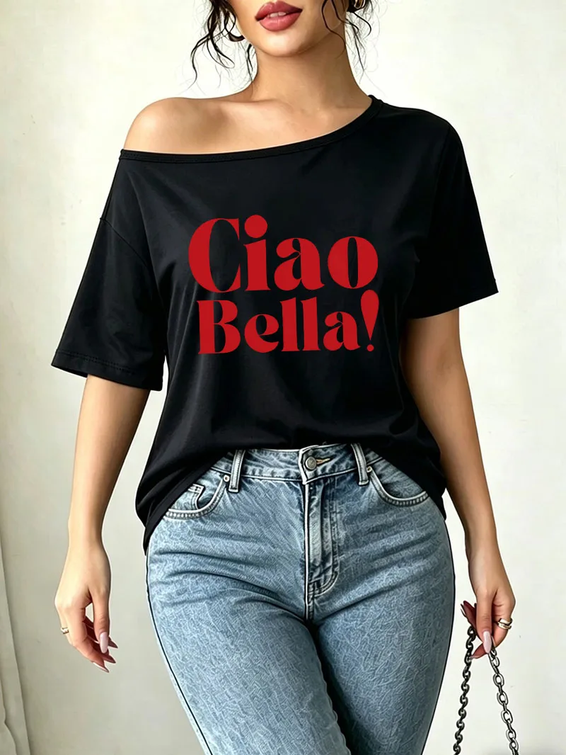 Graphic Tee Ciao Bella Letter Print Shoulder Loose Y2K T-shirt Fashion Women's Top Summer Off Shoulder Top Girls