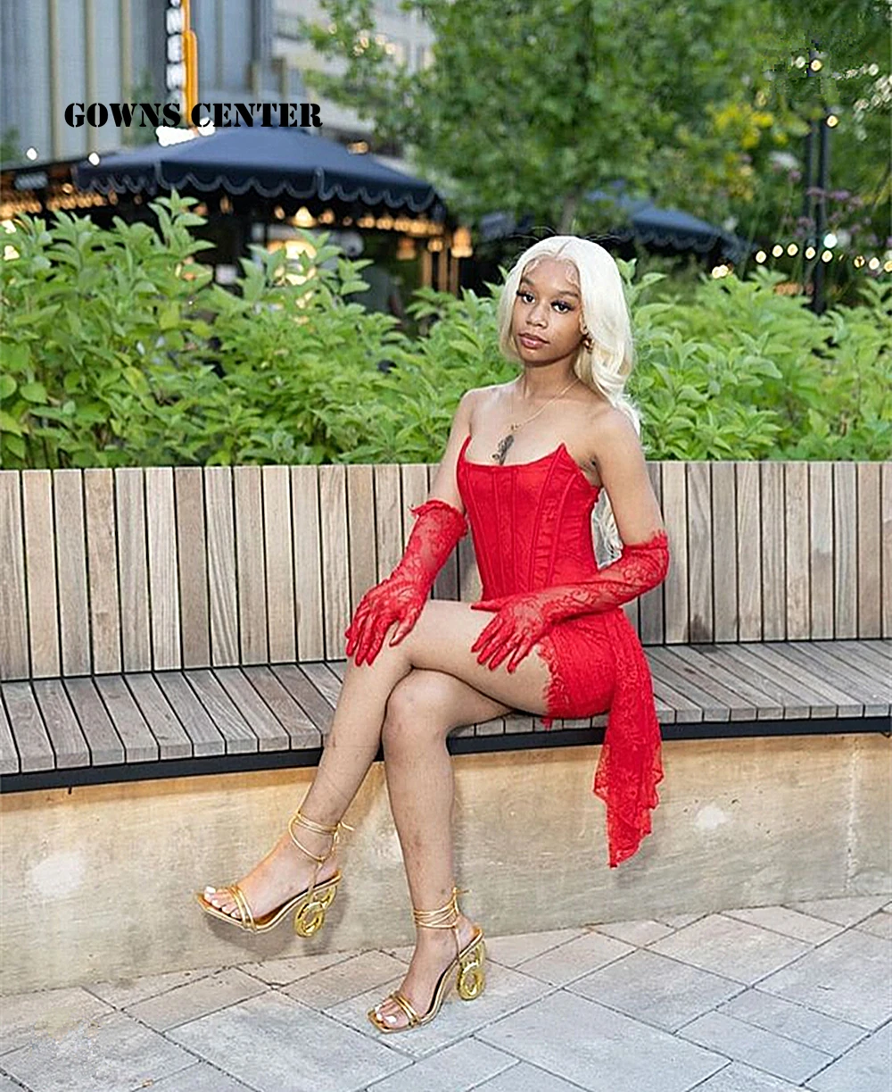 ชุดเดรสหรูหราสำหรับงานวันเกิด2024นางเงือกสีแดงไม่ซ้ำใครชุดงานพรอมสั้นลูกไม้สีดำสำหรับชุดเดรสปาร์ตี้คลับแบบพิเศษ