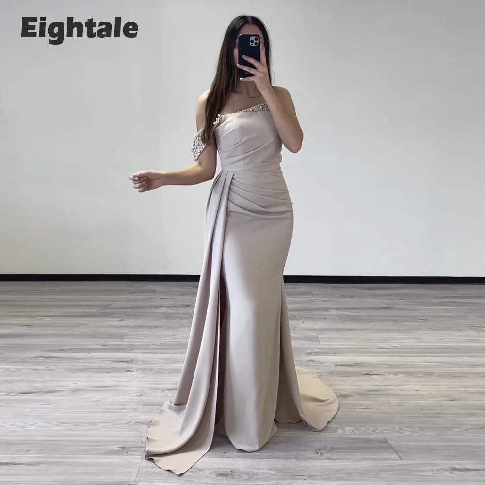 Eightale Vintage Evening Dress for Wedding Party One Shoulder Beaded with Pearls Arabic Mermaid Celebrity Formal Prom Gowns