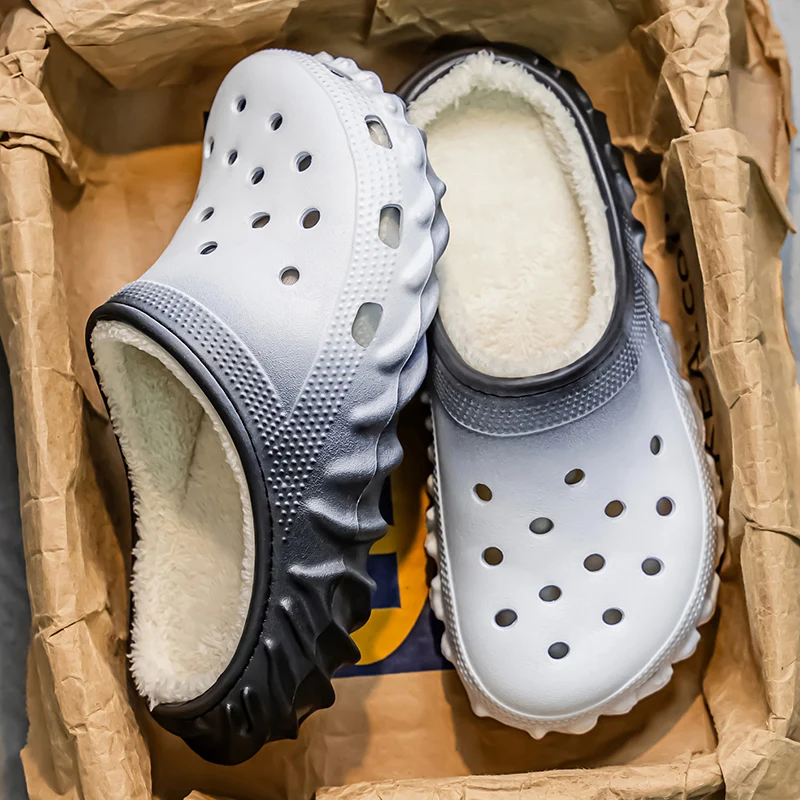 Winter Fur-Lined Clogs Gradient Color Slip-On Indoor Outdoor Garden Shoes Warm Home Cotton Shoes Backless Rubber Slippers