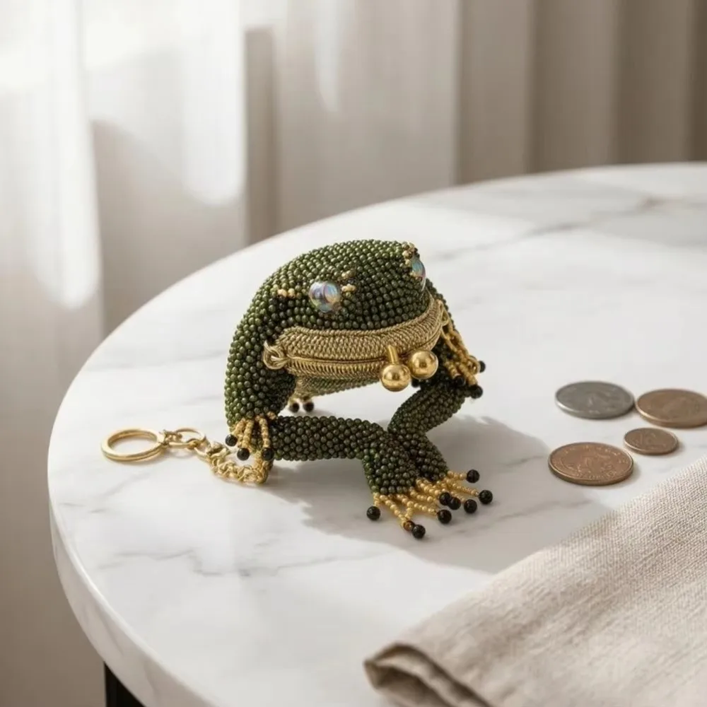 Mini Charming Frog Coin Purse Kiss Lock Closure Beaded Earbud Storage Pouch 3D Cartoon Style Frog Keychain Pouch for Girls Gifts