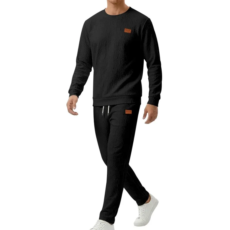 2026 Cross-border Spring and Autumn Men's Texture Pattern Set, Embossed Letter Crew Neck Sweater Pants Set, Large Size Wholesale view 6