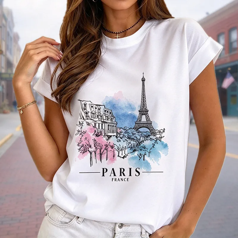 Paris Eiffel Tower London Landmark Graphic Tee Adventure Travel Girl Short Sleeve T-shirt White Women's Tshirts Crew Neck Tops