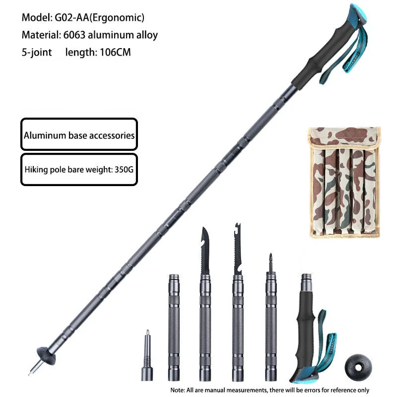 

Multifunctional 5-joint aluminum alloy trekking pole Outdoor telescopic folding hiking pole lightweight mountaineering cane