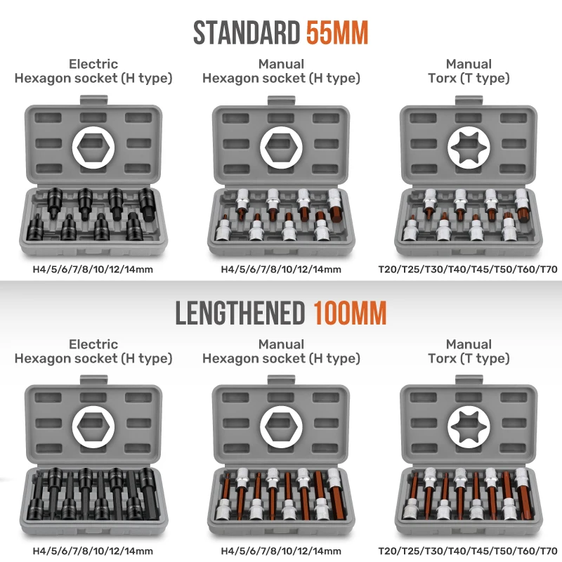 Hi-Spec 8pc 1/2 Extra Long Hex Bit Socket Set Socket Adapter Tool H4-14mm For Torque Socket Wrench Hex Torx With Grey Case