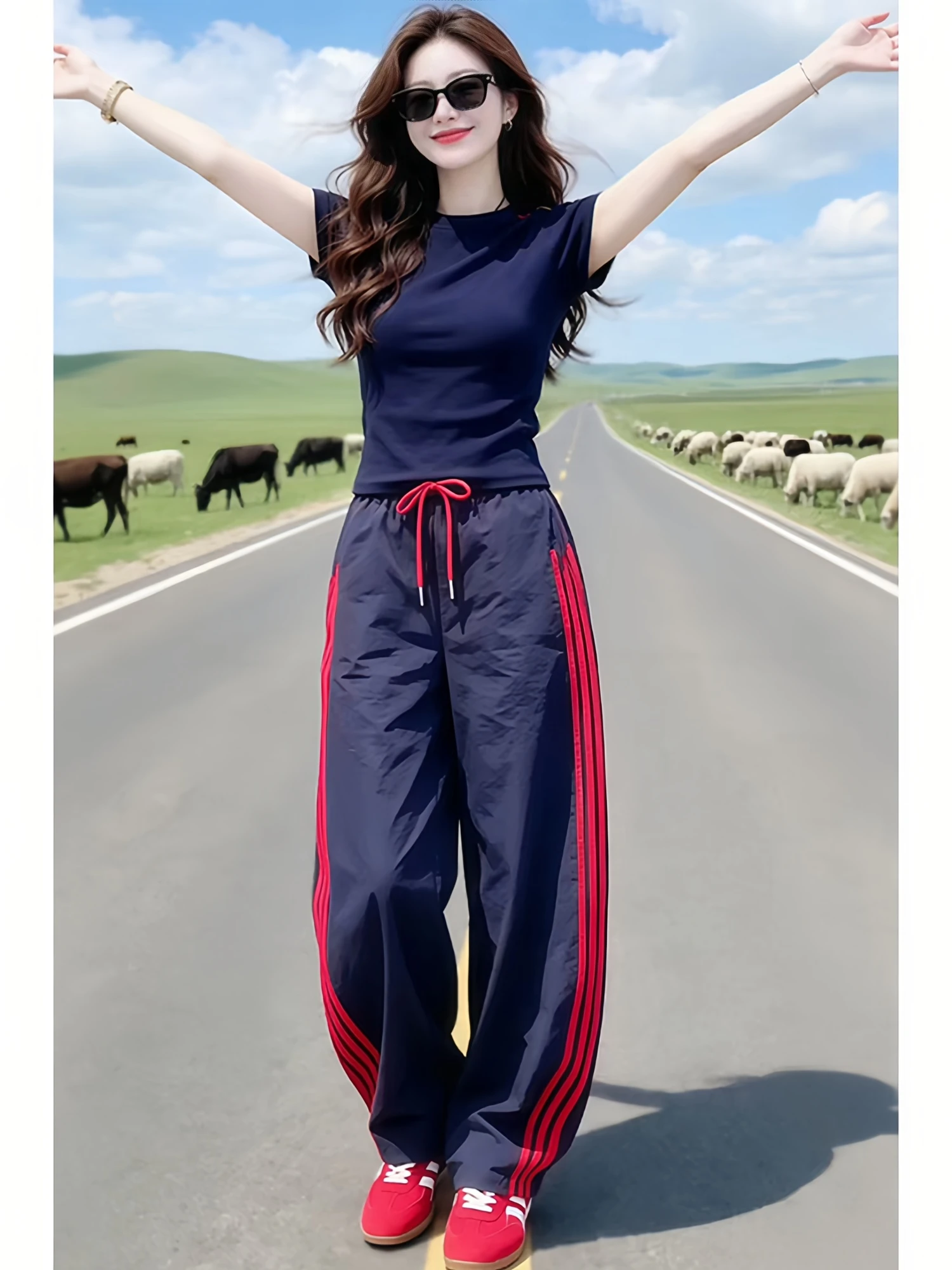 

Casual Sportswear Set Women Summer New Fashion Anti-aging Short Sleeve T-shirt Workwear Wide Leg Pants Two-piece Set