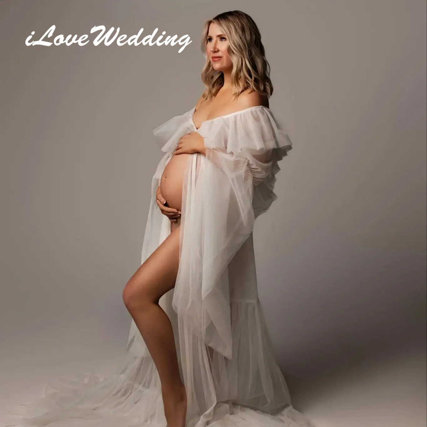 

ILoveWedding Simple Prom Dresses Sexy Sheer V Neck Maternity Gown for Pregnant Women Long Sleeves Slit Babyshower Gowns Bathrobe