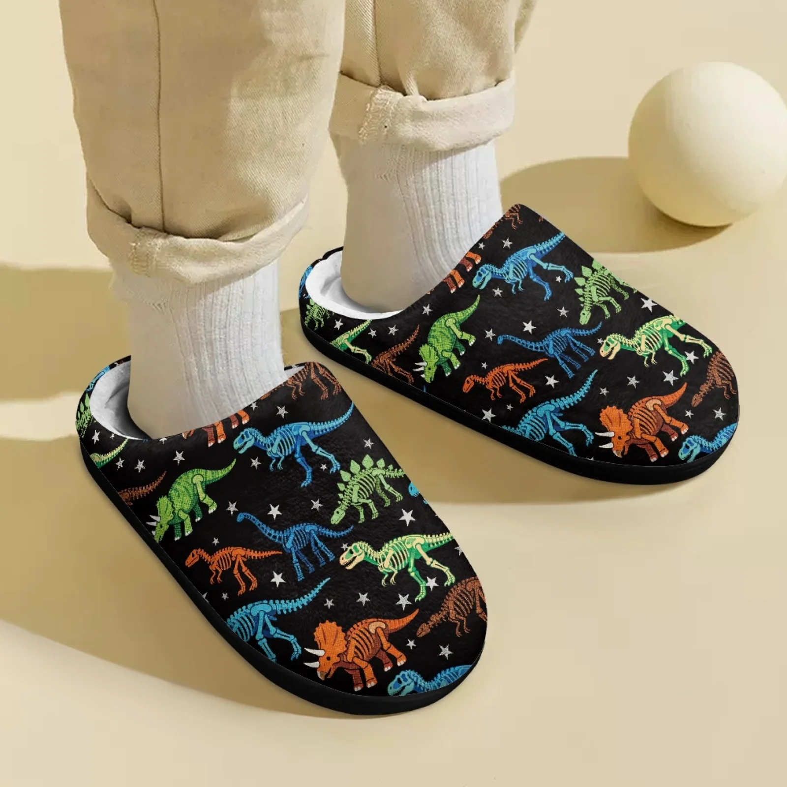 Winter Indoor Comfortable Plush Slippers Boys Girls Cartoon Dinosaur Fluffy Cotton Slippers Non-slip Warm Household Slippers