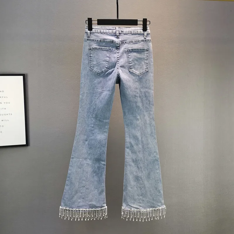 Stretch-Perlen-Denim-Damenhose mit hoher Taille, Frühling 2023, neue Slim-Fit-Jeans mit Diamanten besetzte, perlenbesetzte, ausgestellte Jeans für Damen