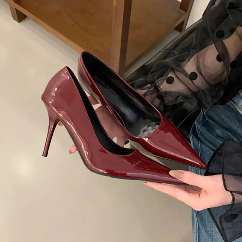 

7cm Stiletto Heels Woman Poined Toe Patent Leather Burgundy Shoes Elegant Ladies Pumps Black High Heels Spring Grey Shoes