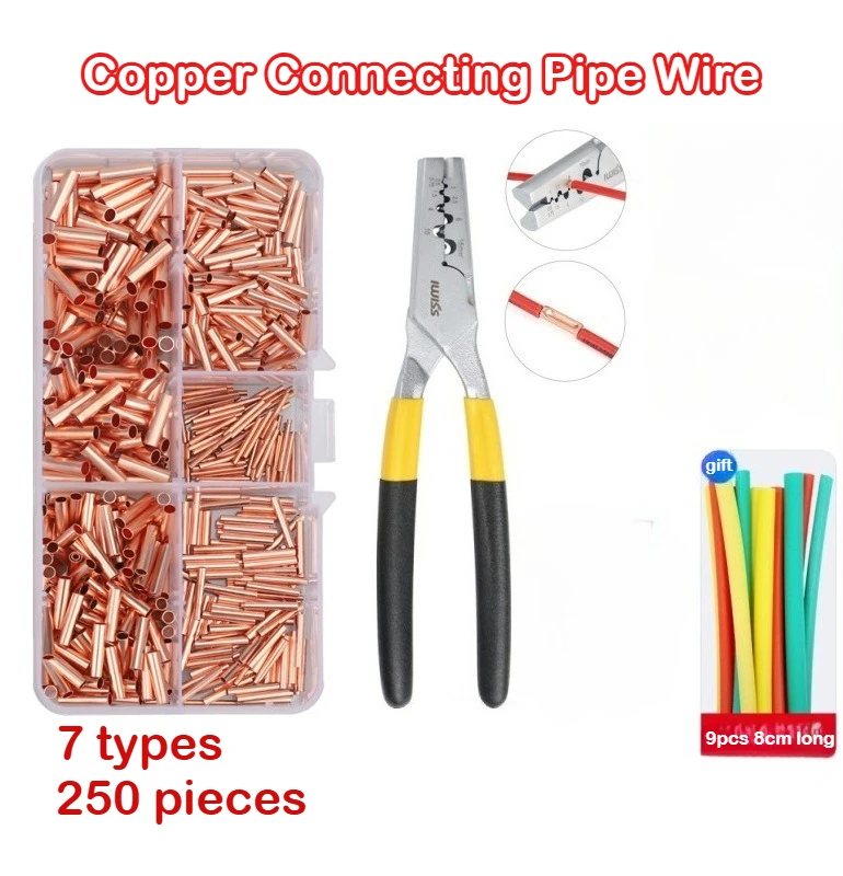 250pcs Copper Connecting Pipe Wire Joint Copper Tube Terminal Cable Lug Bootlace Ferrule Kit with PZ0.5-16 Crimping Plier Tool