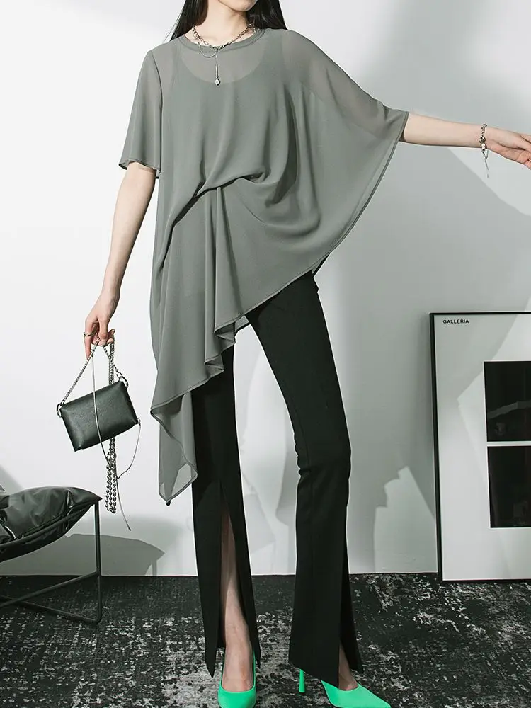 

Новая летняя рубашка, модный нерегулярный и уникальный топ для женщин, шифоновая рубашка с короткими рукавами, дизайн, ниша, оригинал