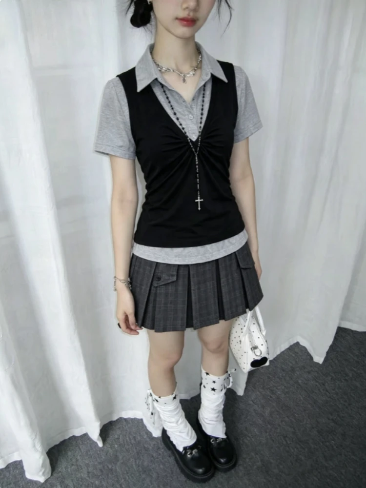 Street 2Pcs Co‑ord Outfit Retro Plaid Short Sleeve Blouse High Waist Pleated Skirt Harajuku Y2K Hot Girl Casual Matching Set