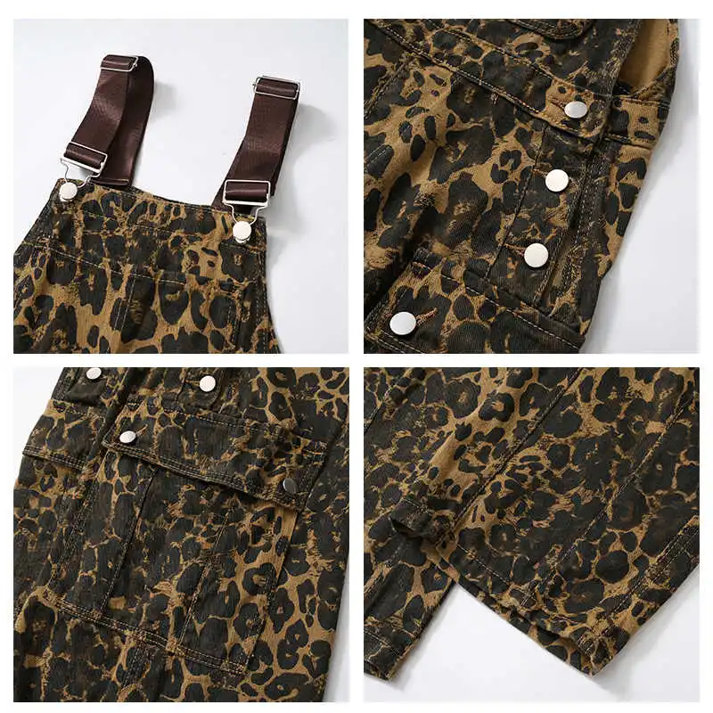 Kombinezon w panterkę w stylu ulicznym dla kobiet w stylu vintage, na co dzień, dżinsy z prostymi nogawkami, spodnie z wysokim stanem do podłogi