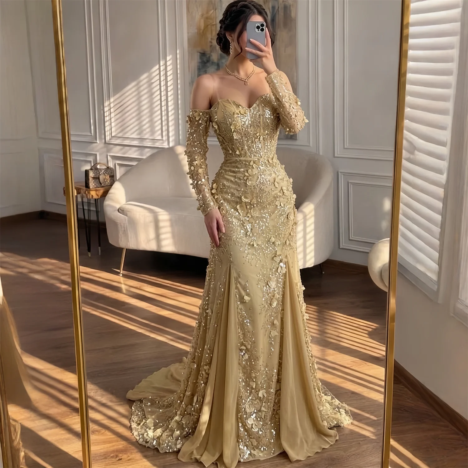 ED Sequined Evening Dress Women Sexy American Style Gold Formal Events Party Customized New Collection Latest Luxury