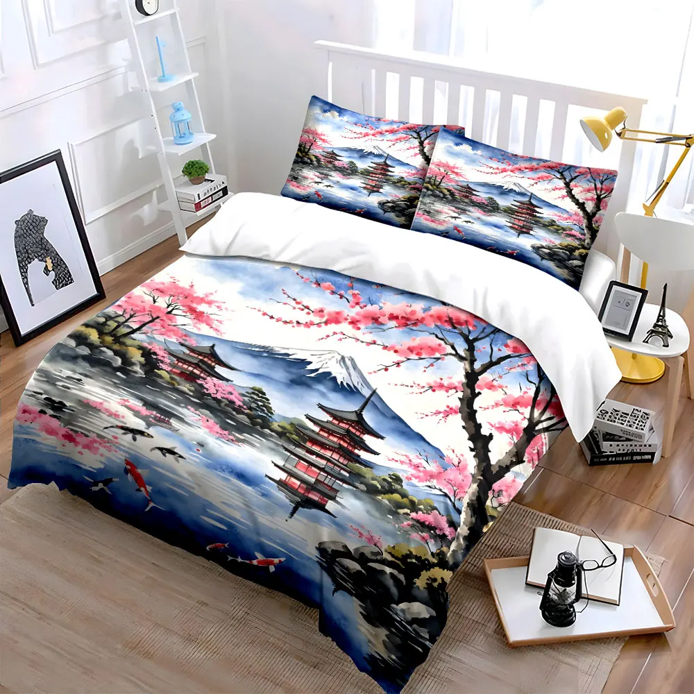 Cherry Blossoms and Mount Fuji Reflection Duvet Cover Set with 3D Printing Design Soft Polyester Bedding Set All-Season Comfort