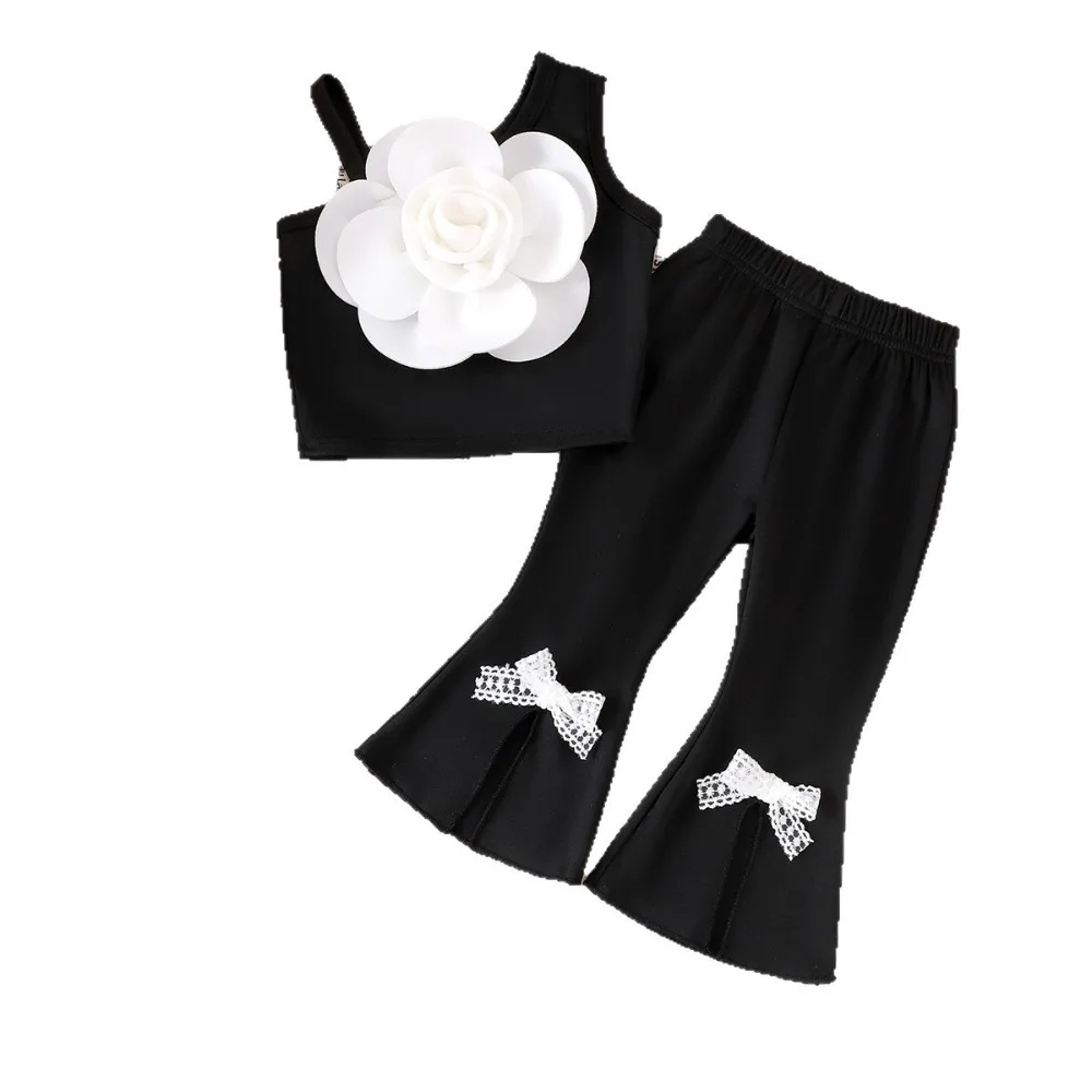 Arrival Girls Summer 2 Piece Set 3D Floral Asymmetrical Shoulder Black Camisole + Flared Pants Lace Bow Kids Trendy Outfits