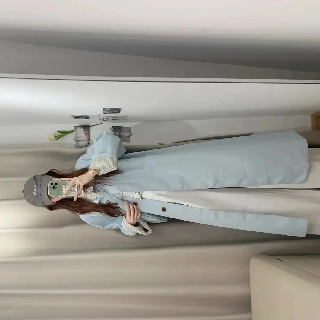 

2026 Spring and Autumn New Korean Long Stand Collar Spring and Autumn Windcoat Jacket Top Blue Jackets