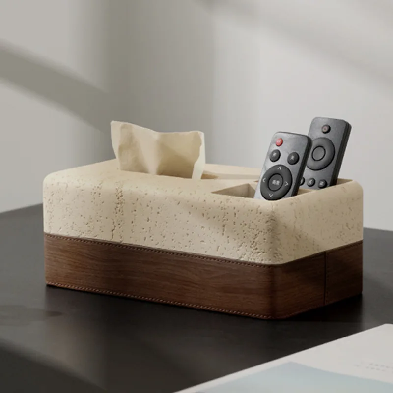 Travertine walnut leather pattern tissue box, high-end hotel living room coffee table desktop remote control storage box