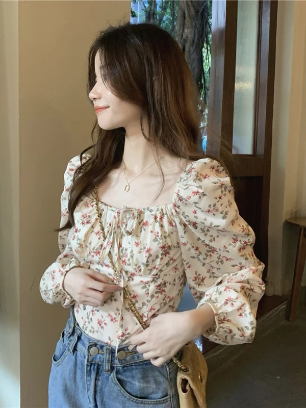 

Шикарный корейский дизайн ort Bubble Sve irt, женский винтажный модный топ с квадратным воротником и цветочным принтом