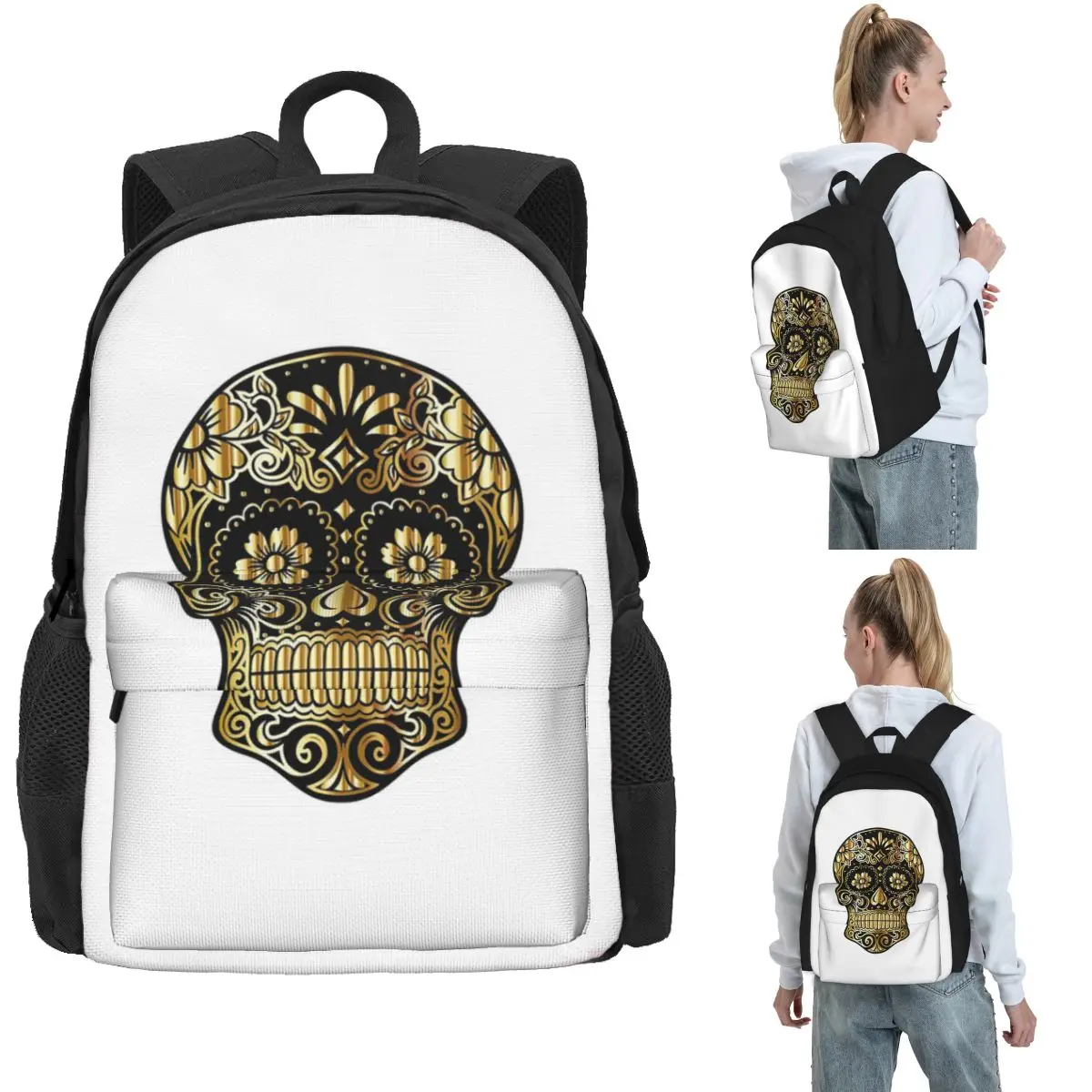 

Gold Sugar Skull Backpack Hot Sale Daypack Large Capacity Children BookBag School Bag Shoulder Bags for Men Women