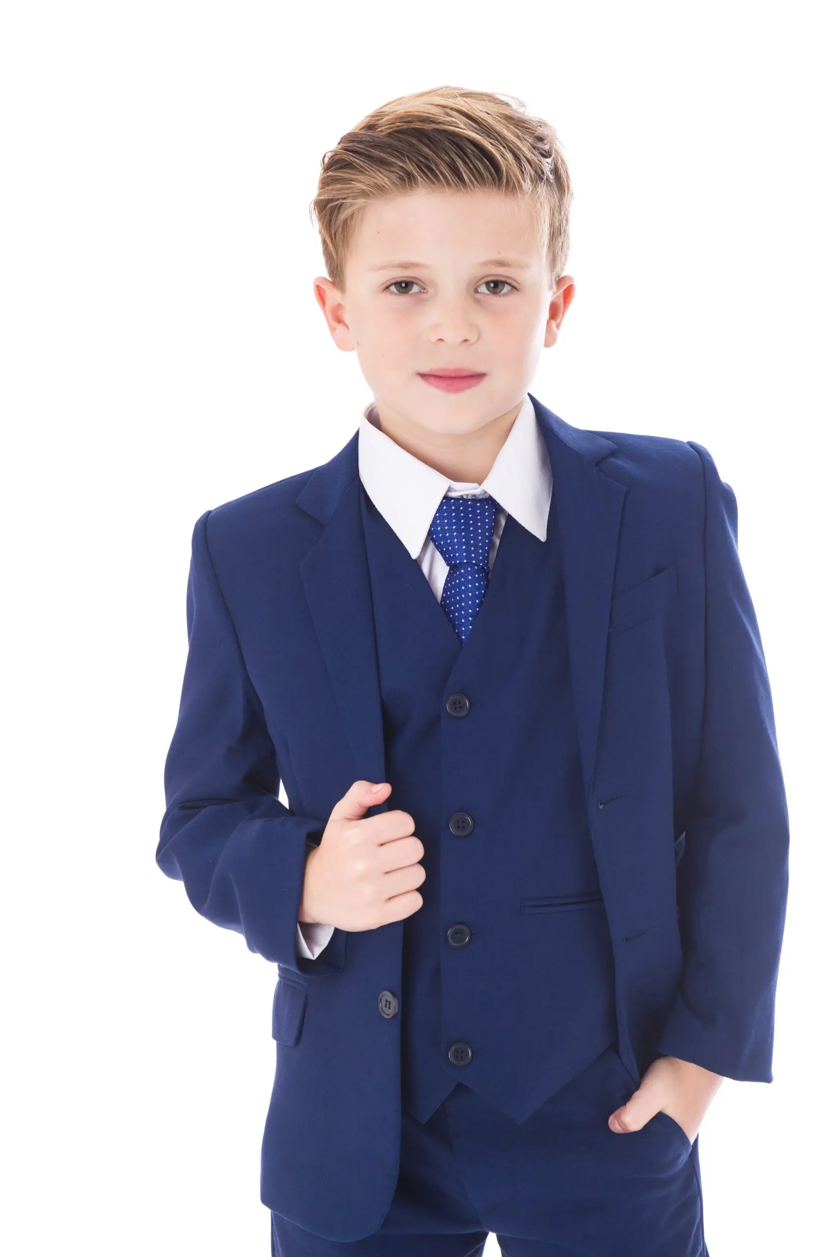 

Formal Navy Blue Boy's Suit Set Flat Corner Collar Slim Fit 3 Pcs Jacket Vest Pants Children Birthday Party performance Tuxedo