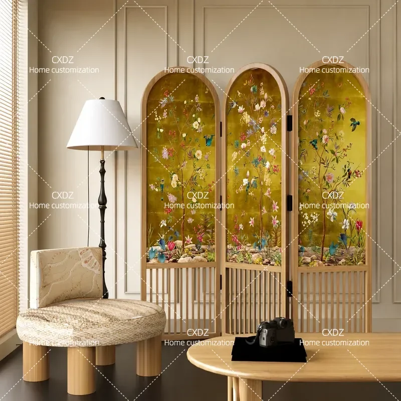 New Chinese Retro Solid Wood Folding Screen Flower and Bird Pattern Decorative Partition for Living Room Bedroom Small