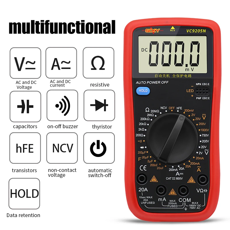 SDKY Digital Multimeter  VC9205N 2000 Counts AC/DC Voltage Current Tester Electrical Test Meter Profesional Analog Multimetro