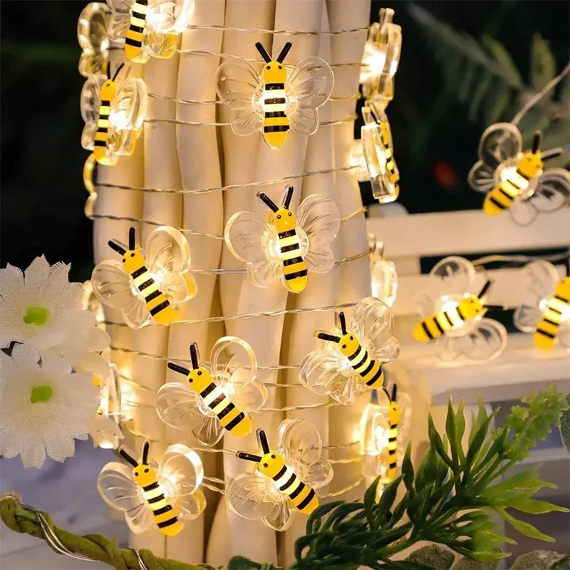 3/1M LED Bee Lights String Battery Powered Outdoor Waterproof Fairy Garland Lamp For Festival Christmas Garden Bedroom Decor