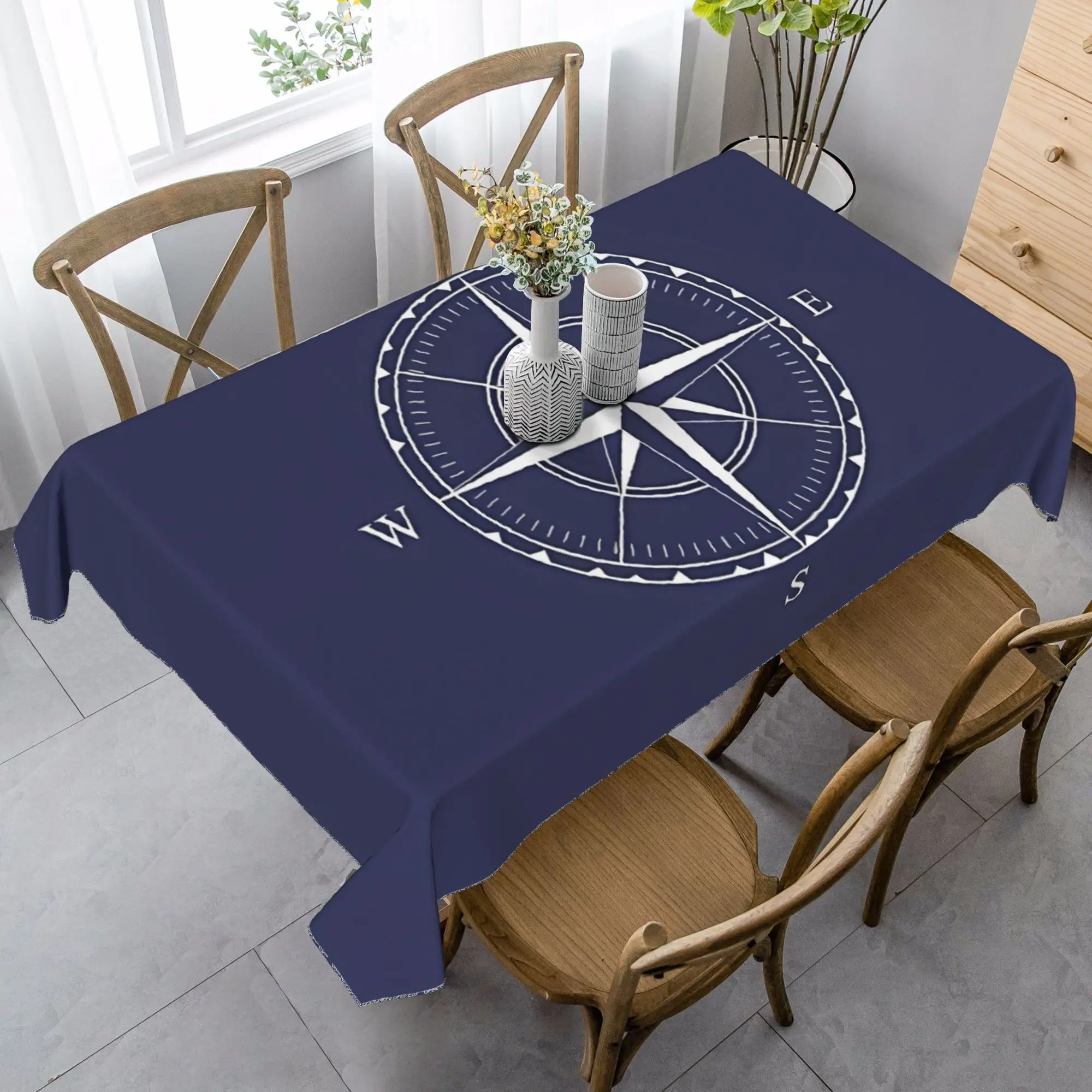 Navy Blue Nautical Ships Compass Rectangle Tablecloth for Table Decor Washable Geometric Kitchen Dining Table Cloth Party Decor