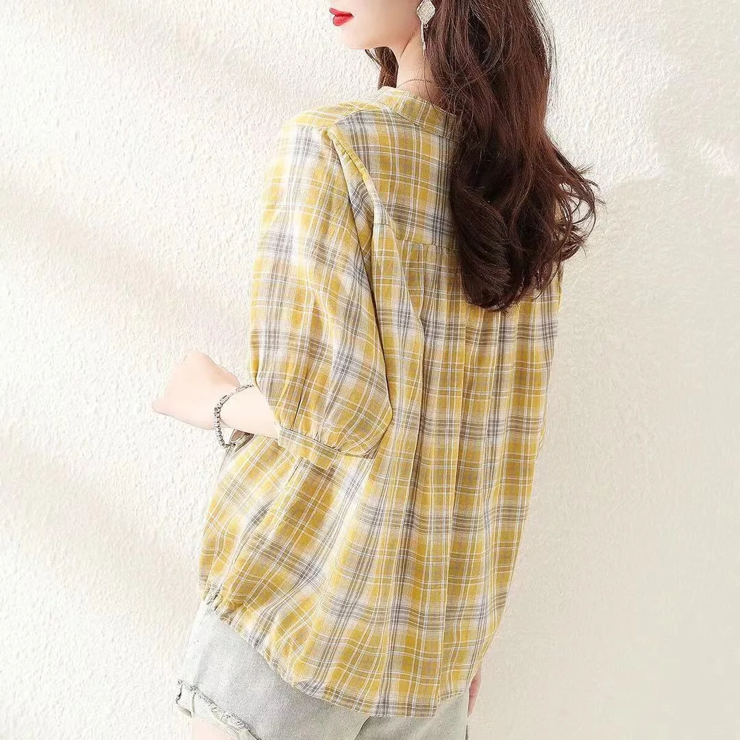 Woman Summer Style Blouses Tops Lady Casual V-Neck Short Sleeve Striped Printed Blusas Tops DF4537