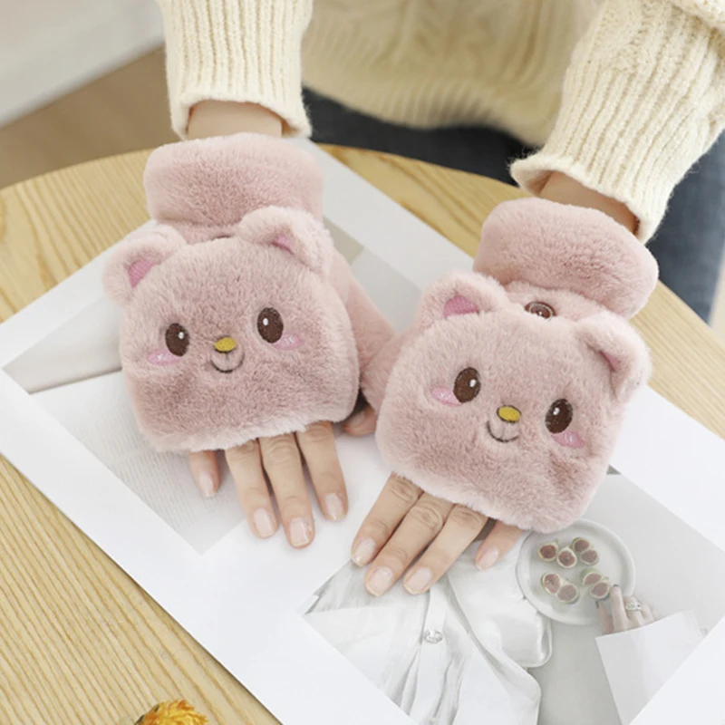 Fashion Women Plush Warm Glove Fur Rabbit Cat Mittens Flip Fingerless Gloves Soft Girls Thick Flexible Half Finger Winter Gloves