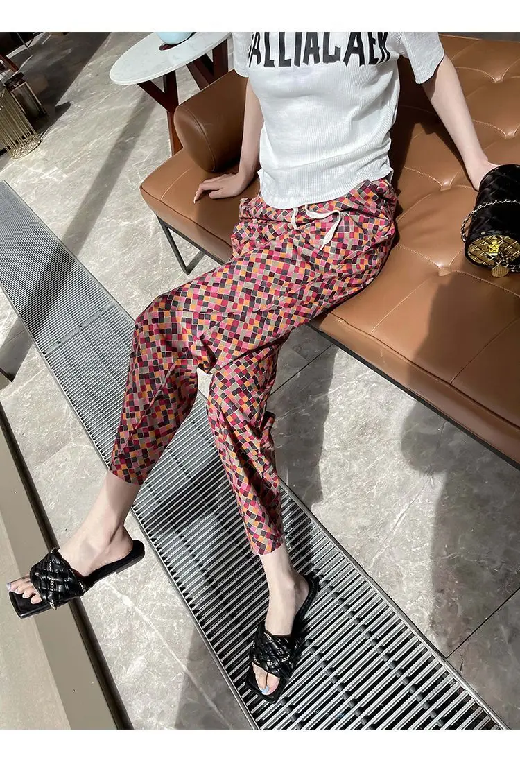 Pantalones estampados para mujer, pantalones informales de nueve puntos caídos de cintura alta, finos, sueltos y delgados, de pierna recta, de verano