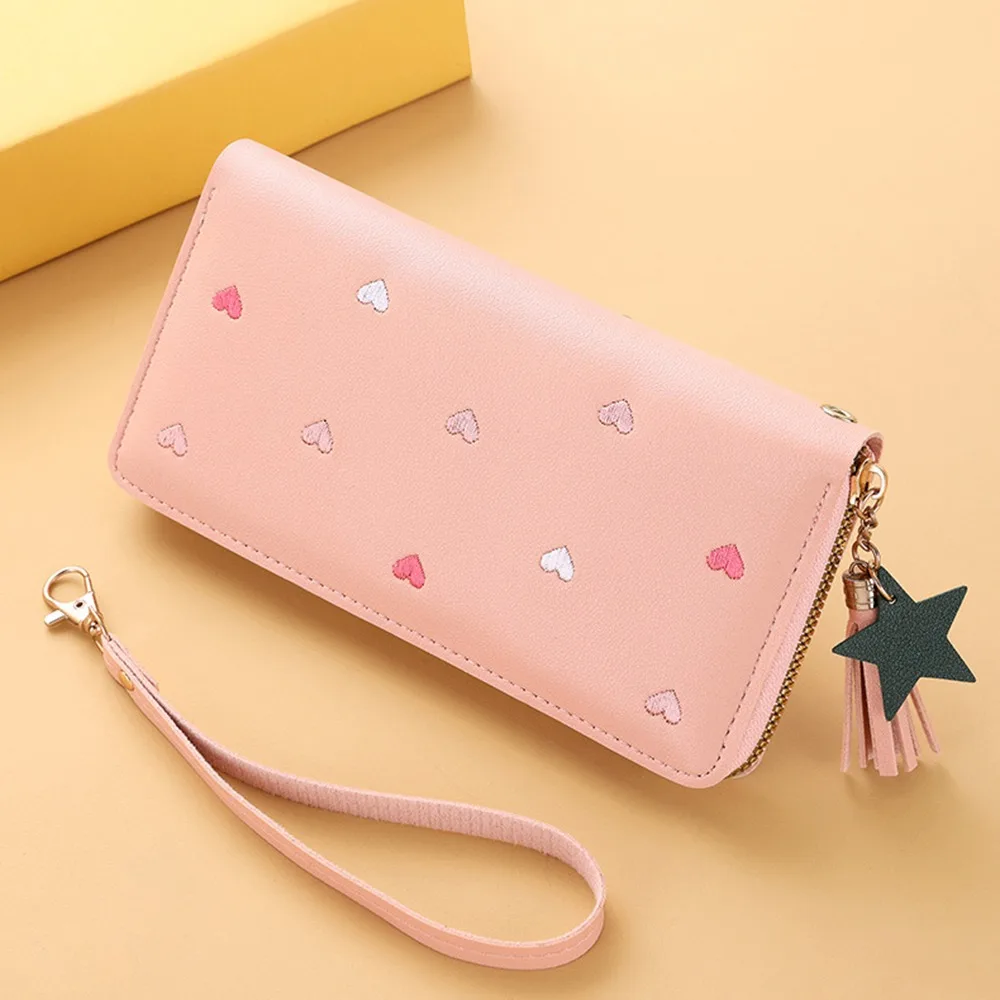 

Ins Korean Women's Long Wallet PU Leather Long Tassel Large Capacity Wallet Love Heart Sweet Clutch Bag Outdor