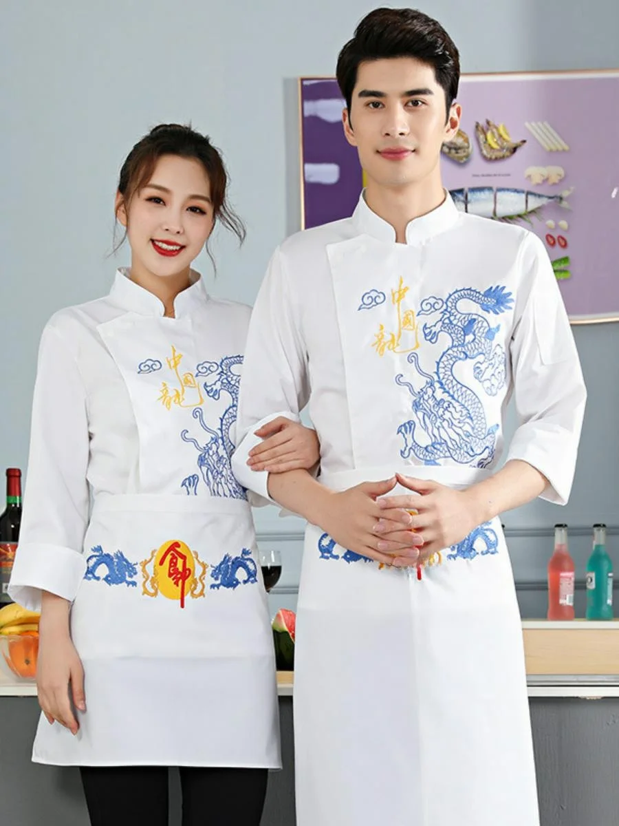 

Мужской летний кухонный фартук с длинным рукавом для поваров, униформа для работы на кухне, в отеле, ресторане, с вышивкой дракона, влагоотталкивающий.