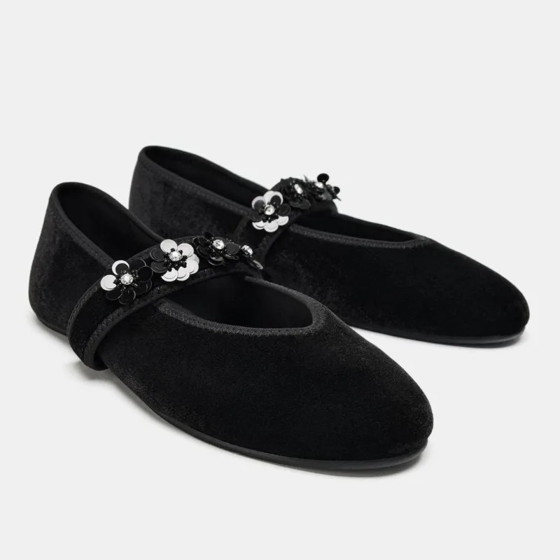 الجدة زهرة الترتر تزيين الباليه الشقق النساء الفاخرة المخملية جولة تو مصمم ماري جين أحذية مريحة لينة وحيد المتسكعون