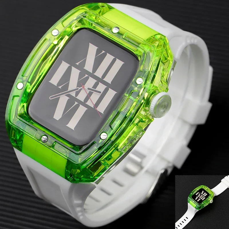 مجموعة تعديل حافظة شفافة لساعة أبل الترا 49 مللي متر غطاء جليدي لساعة iWatch 9 8 7 45 مللي متر 6 5 4 SE 44 مللي متر حزام سيليكون